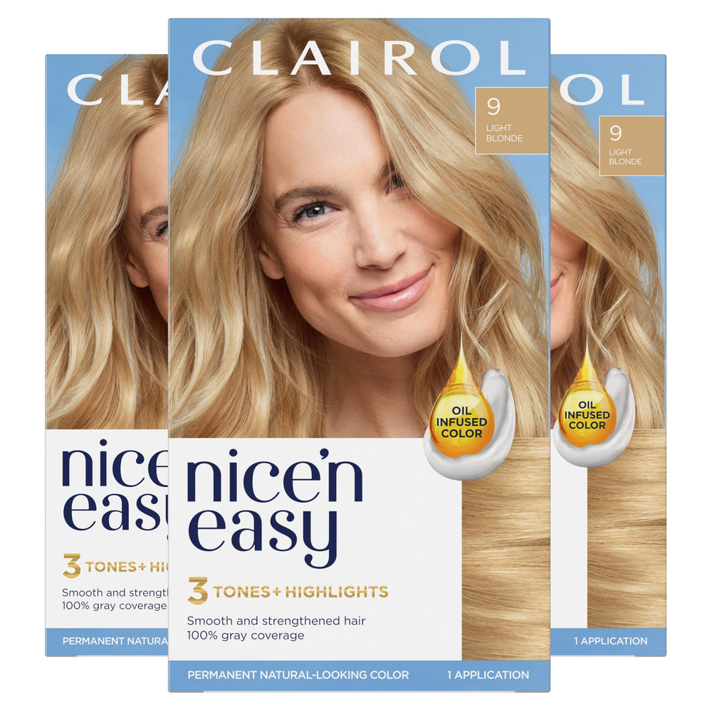 Clairol Nice'n Easy 9 Light Blonde color swatch shows natural gray coverage.