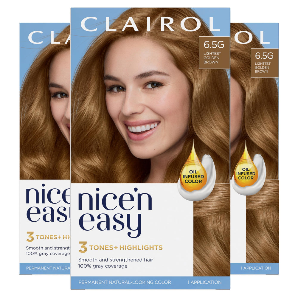 Clairol Nice'n Easy 6.5G bottle shows natural-looking color and even coverage.
