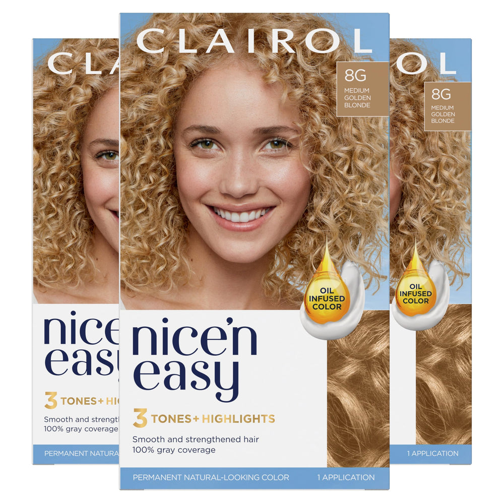 Clairol Nice'n Easy shade card displaying natural 8G golden blonde tones.