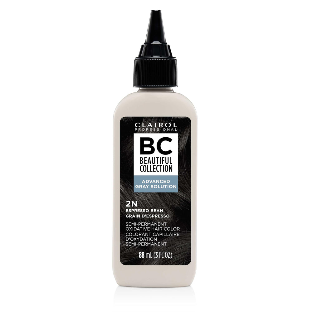 Clairol Professional Advanced Gray Solution espresso bean packaging highlights gentle, ammonia-free color.
