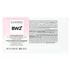 Clairol Professional BW2+ bottle closeup highlighting a clean, dust-free lightening formula for quick lifts