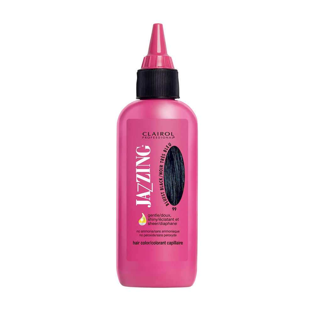 Clairol Professional Jazzing bottle pour shows easy, even coverage for bold blu-black shade.
