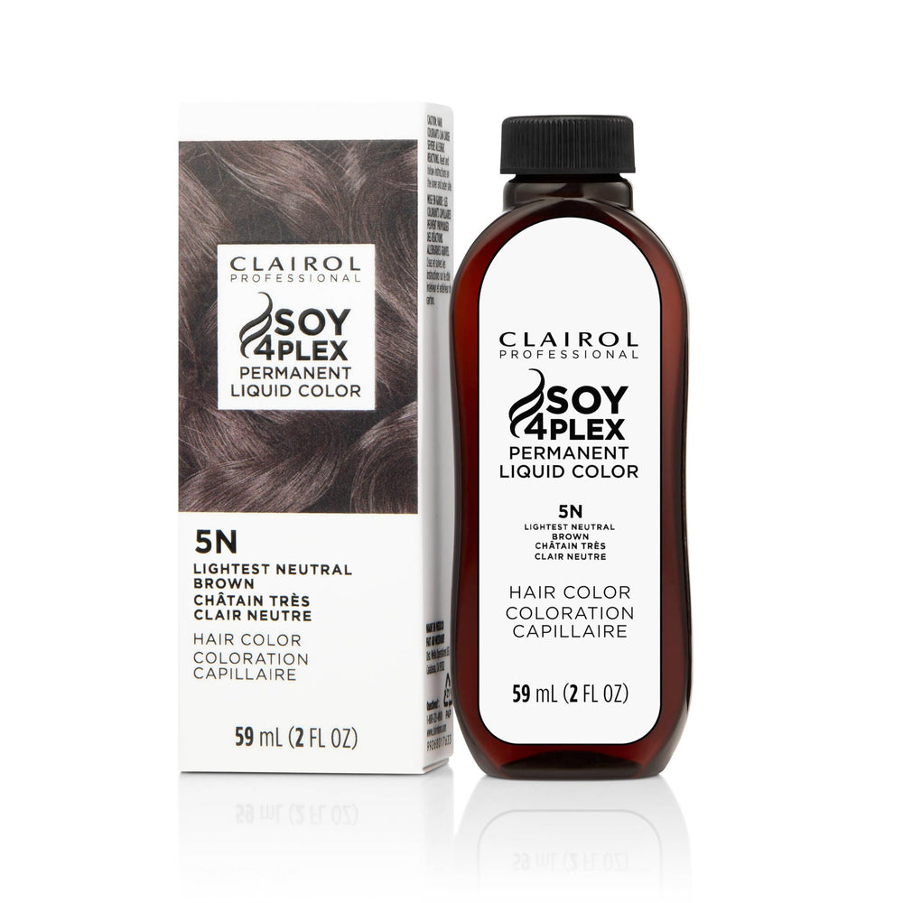 Clairol Professional Liquicolor permanent hair color bottle shows neutral brown shade with conditioning benefits.