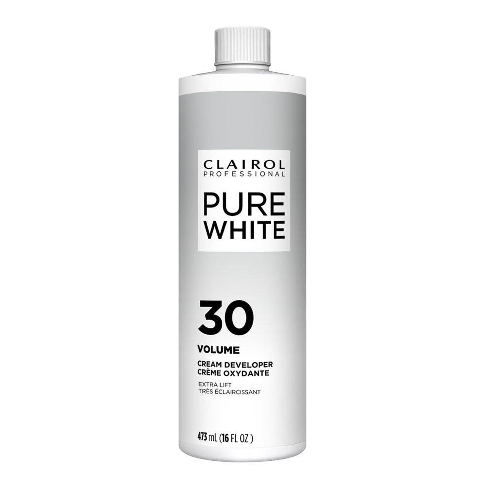 Clairol Professional Pure White Creme Developer bottle ready for bowl-and-brush mixing.