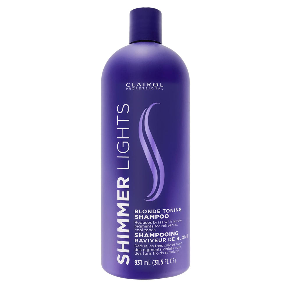 Clairol Profesional Purpura – botella que neutraliza tonos amarillos en rubios.