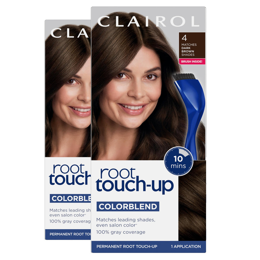 Clairol Root Touch-Up bottle and brush for quick at-home color refresh.