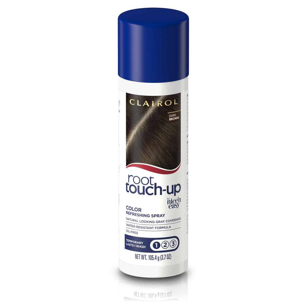 Clairol Root Touch-Up Spray dark brown bottle front view for quick gray coverage.