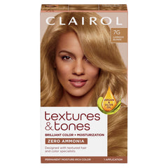 Clairol Textures & Tones 7G Luminous Blonde bottle delivers moisture-rich color for defined curls.