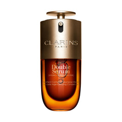Clarins Double Serum bottle close-up showing luminous hydration for daily skincare.