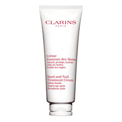 Clarins Hand and Nail Treatment Cream closeup of the tube showing a silky, hydrating formula.