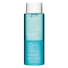 Clarins Instant Eye Make-Up Remover bottle close-up showing gentle bi-phase cleansing