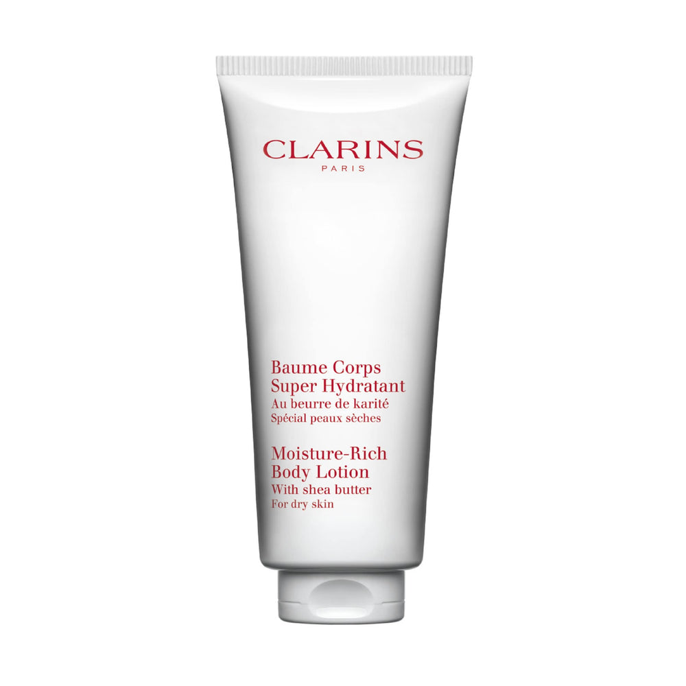 Clarins Moisture-Rich Body Lotion bottle delivering deep hydration for very dry skin
