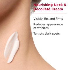 Close-up of Clarins neck cream application, showing silky hydration and smooth décolleté.
