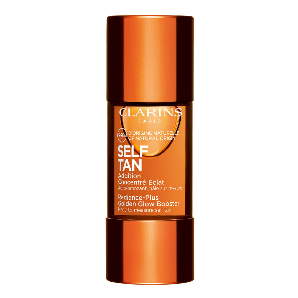 Clarins Self Tanning Face Booster bottle showing a buildable natural glow.