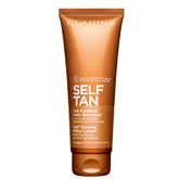 Clarins Self Tanning Milky Lotion bottle front, sleek packaging for easy self-tanning