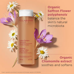 Clarins Soothing Toning Lotion camomile extract close-up highlights soothing botanical care.