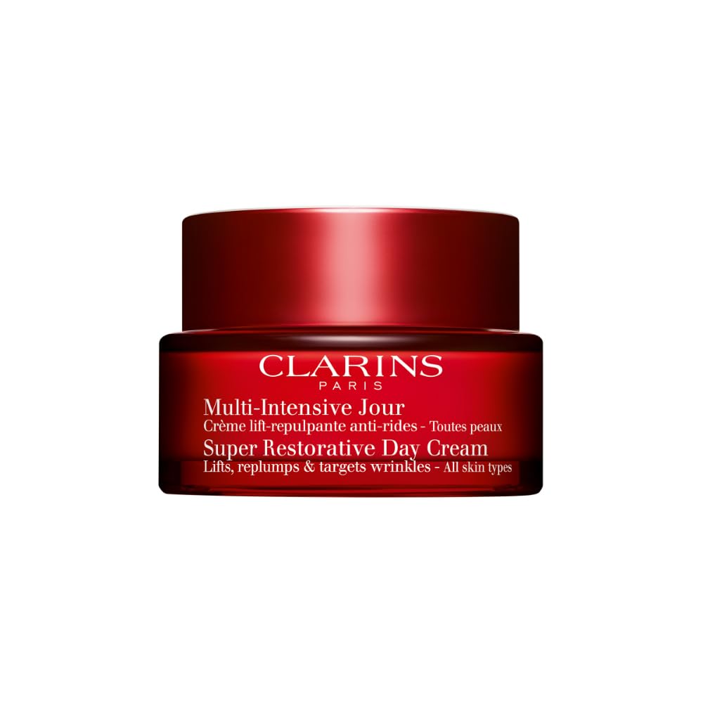 Clarins Super Restorative Day Cream jar closeup highlighting nourishing texture for mature skin.