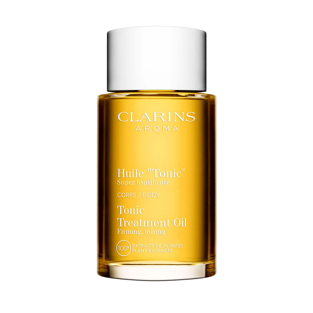 Clarins Tonic Body Treatment Oil bottle; hydrating, plant-based care for the skin