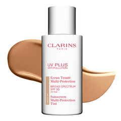 Clarins UV Plus Anti-Pollution tinted sunscreen bottle demonstrates sheer, oil-free SPF 50 protection for daily use.