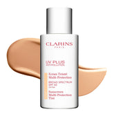 Clarins UV Plus bottle front view showing lightweight oil-free tinted sunscreen