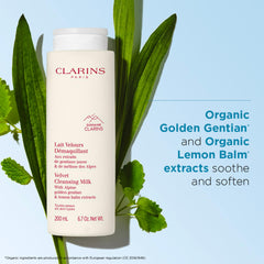 Clarins Velvet Cleansing Milk with organic golden gentian and balm for gentle cleansing.