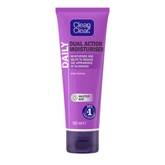 Clean & Clear Dual Action Moisturiser bottle, fragrance-free formula for sensitive skin.