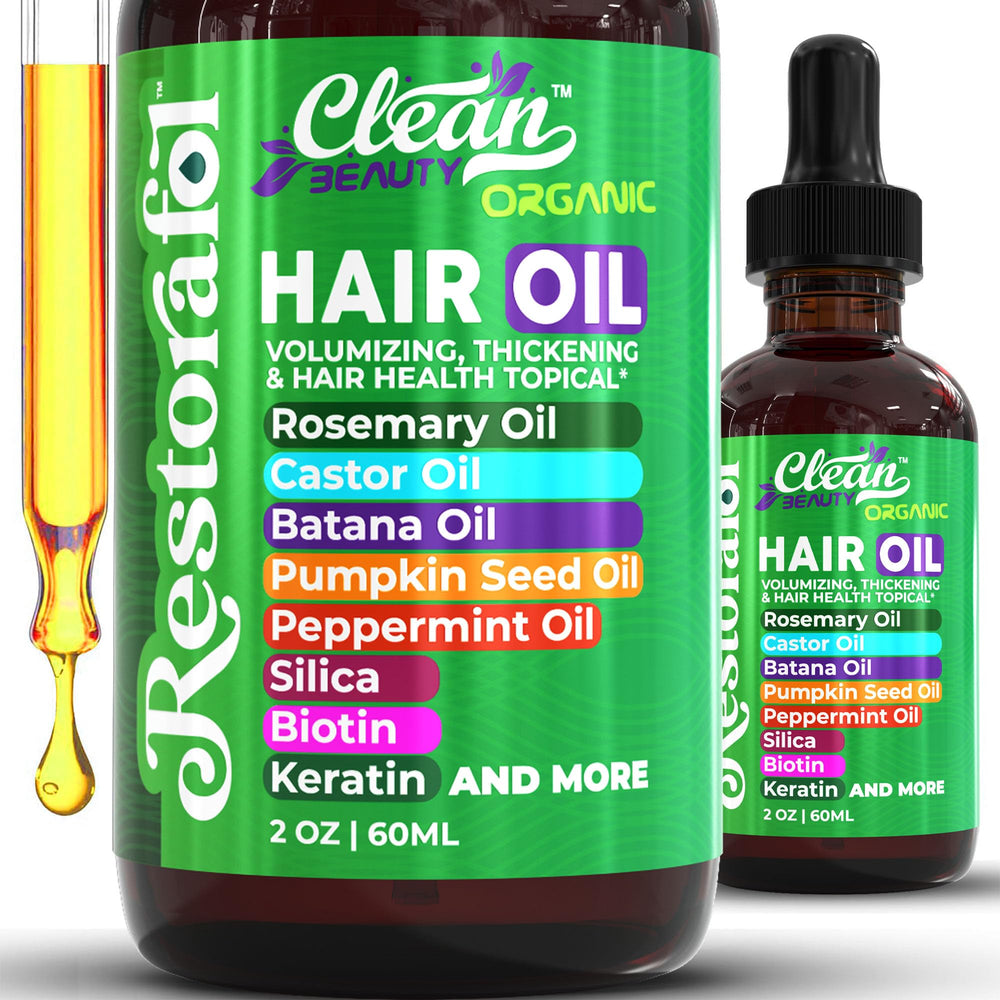Clean Beauty Rosemary Hair Oil bottle demonstrates growth and nourishment.
