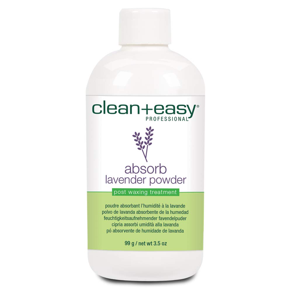 Clean + Easy Absorb Lavender Powder bottle helps prep skin for waxing with oil absorption.