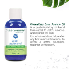 Clean + Easy Azulene Oil bottle closeup shows a calming formula for sensitive skin.
