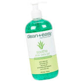 Clean + Easy gel aloe vera para depilación, botella visible con efecto calmante.