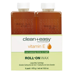 Clean + Easy Vit E Roll-On Wax 6-pack packaging close-up shows value kit and vitamin E