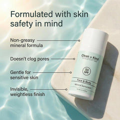 Clean + Kind reef-safe formula emphasizes mineral protection without harming reefs.