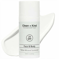 Clean + Kind Tallow Sunscreen bottle front showing mineral-based SPF protection for face and body