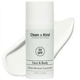 Clean + Kind Tallow Sunscreen SPF 50 zinc non-nano bottle for mineral protection.