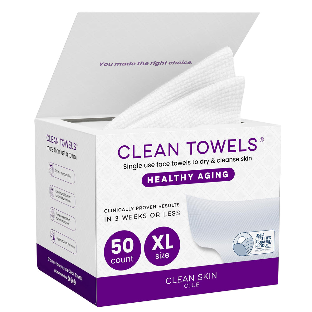 Toallas faciales desechables CLEAN SKIN CLUB XL en empaque, suaves para uso diario.