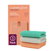 Cleanlogic body exfoliating cloth stretched to reach the back for smoother skin.