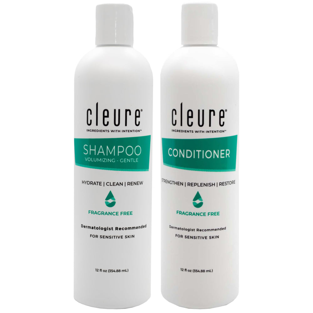 Cleure shampoo bottle front view, sulfate-free formula for sensitive skin.