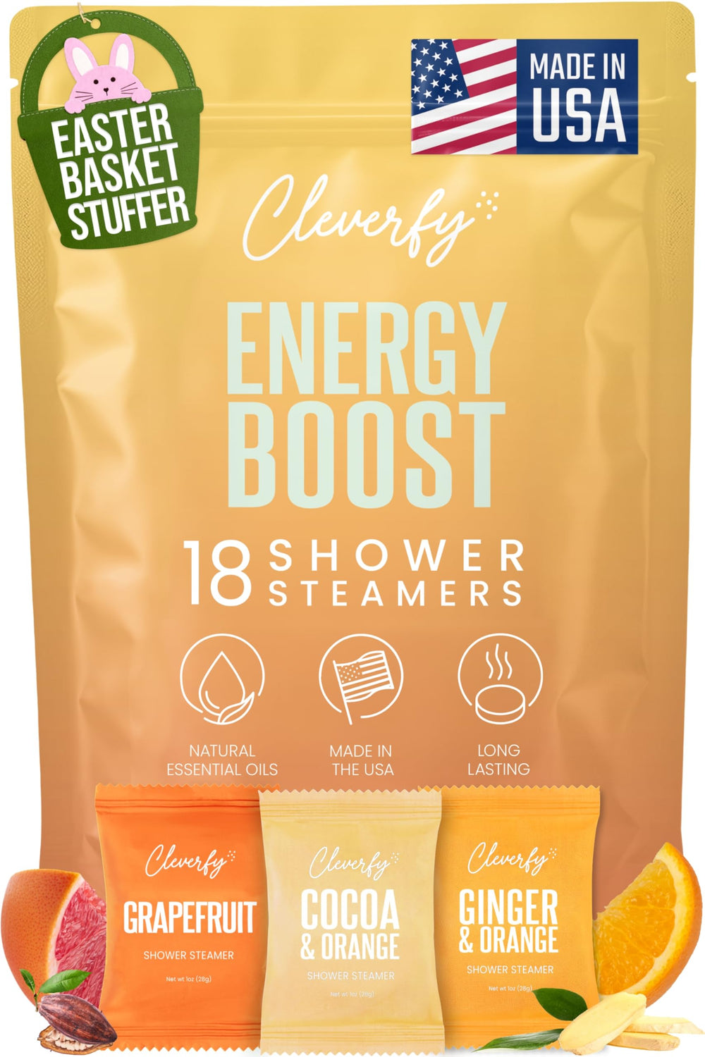 CLEVERFY Energy Boost 18-pack shown for quick mood lift during shower.