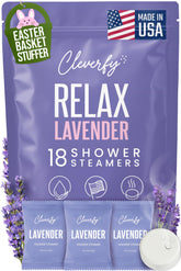 CLEVERFY lavender shower steamers packaging shows 18 tablets, ideal Easter gift.