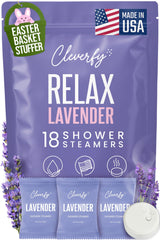 CLEVERFY lavender shower steamers packaging shows 18 tablets, ideal Easter gift.