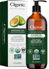 Cliganic Aceite de Aguacate Orgánico en botella: cuidado suave para piel y cabello.