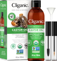 Cliganic aceite de ricino orgánico, botella de 6oz para cuidado cosmético.