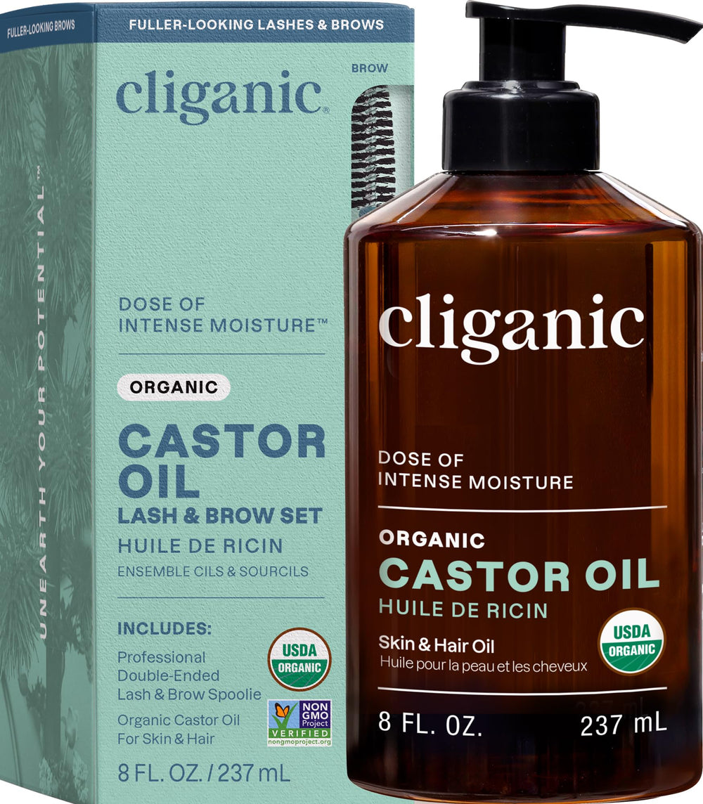 Cliganic Aceite de ricino orgánico en botella de 8 oz para uso diario.