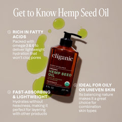 Cliganic Aceite de cáñamo, etiqueta visible, cuidado natural de la piel y cabello.