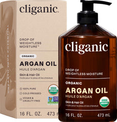 Cliganic Argan Oil bottle with pump for easy application on hair and skin.