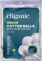 Cliganic Super Jumbo Cotton Balls in a 200-count pack for gentle skincare and makeup removal.