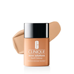 Clinique Acne Solutions Liquid Makeup bottle demonstrates oil-free formula with long wear.