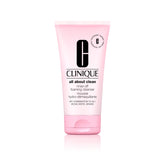 Clinique All About Clean bottle pour shows a gentle foaming cleanser for makeup and sunscreen removal.