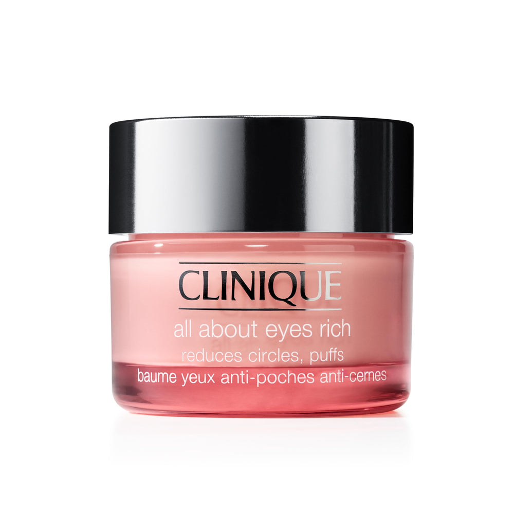 Clinique All About Eyes Rich bottle close-up showing creamy hydration for delicate eye area.