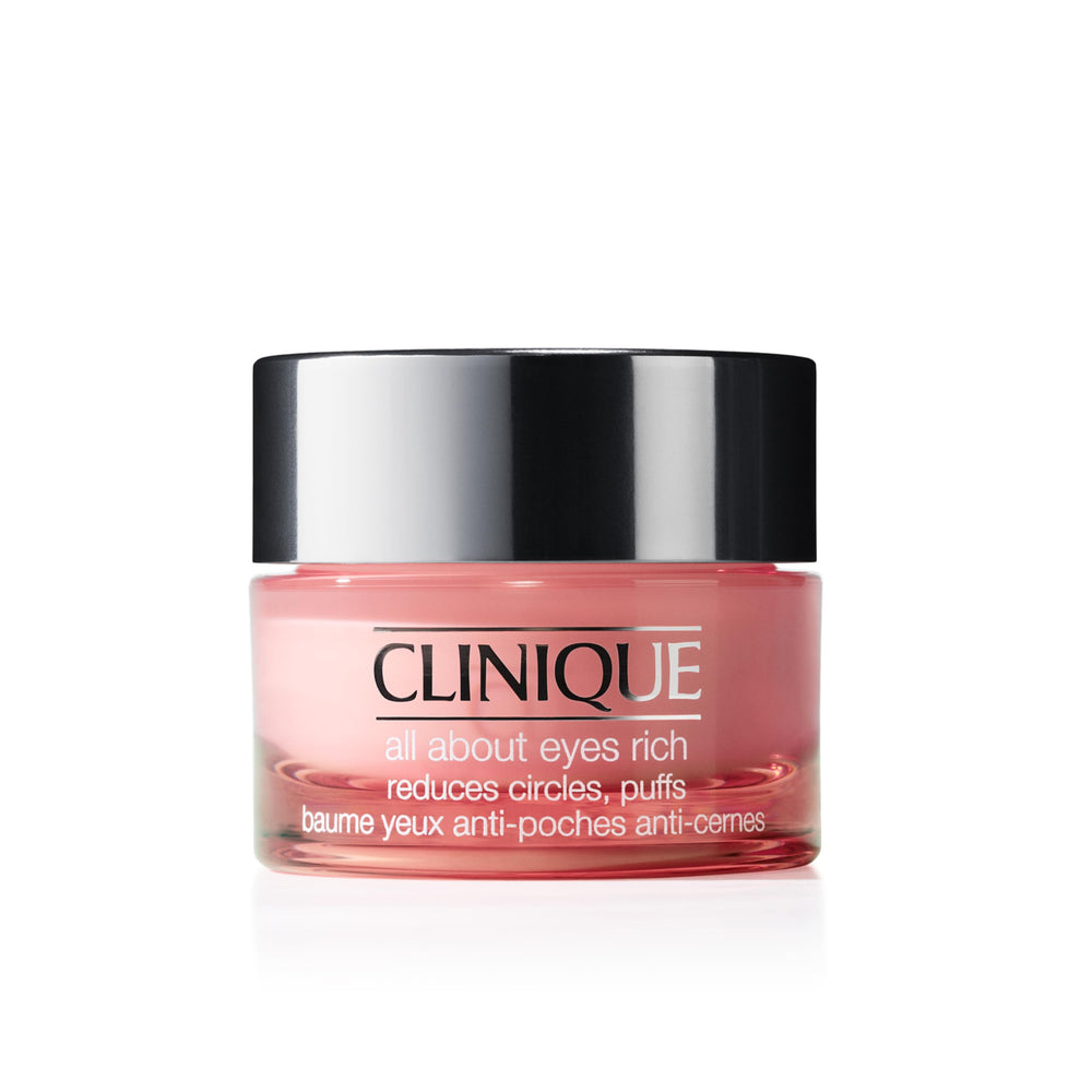 Clinique All About Eyes Rich jar closeup showing nourishing under-eye cream for hydration.